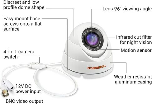 TIGERSECU 1080P Metal Wide Angle Dome Security Camera for DVR, Weatheproof for Indoor/Outdoor Use, Hybrid 4-in-1 OSD Switch for TVI/CVI/AHD/CVBS DVRs (Power Supply and Coaxial Cable Sold Separately) | Hybrid 4-in-1 with OSD Switch, Weatherproof for Indoor in Kuwait