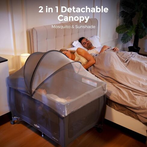 Pamo Babe 7 in 1 Pack and Play with Bassinet, Portable Crib with Mattress, Diaper Changer, Magic Fold™ One-Step Quick Setup Playard, Mosquito Net, Zipper Door, Toy Arch for Newborn to Toddler in Kuwait
