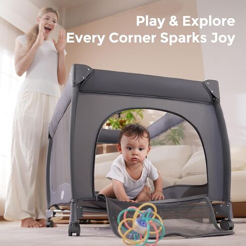 Pamo Babe 7 in 1 Pack and Play with Bassinet, Portable Crib with Mattress, Diaper Changer, Magic Fold™ One-Step Quick Setup Playard, Mosquito Net, Zipper Door, Toy Arch for Newborn to Toddler in Kuwait