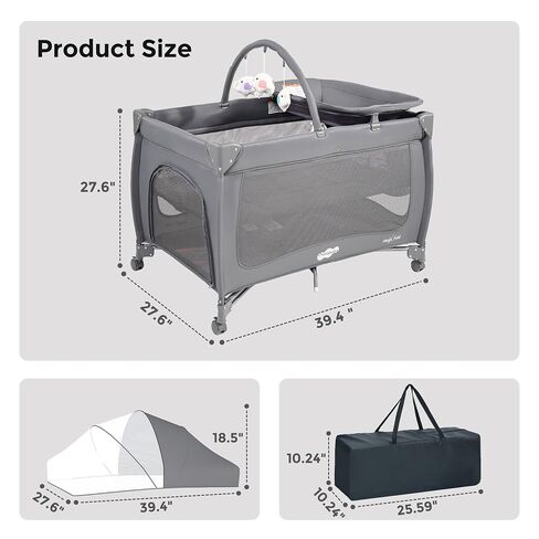 Pamo Babe 7 in 1 Pack and Play with Bassinet, Portable Crib with Mattress, Diaper Changer, Magic Fold™ One-Step Quick Setup Playard, Mosquito Net, Zipper Door, Toy Arch for Newborn to Toddler in Kuwait