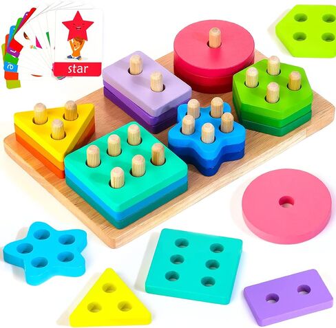 Wooden Sorting & Stacking Toys, Montessori Toys for 1 2 3 Years Old Toddlers, Shape Sorter Puzzles with 24-Piece Large Geometric Blocks & 12 Word Cards, Gift for 12+ Months Baby Boys Girls in Saudi Arabia