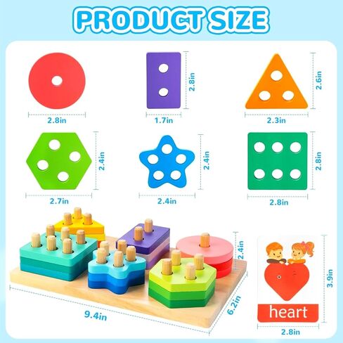 Wooden Sorting & Stacking Toys, Montessori Toys for 1 2 3 Years Old Toddlers, Shape Sorter Puzzles with 24-Piece Large Geometric Blocks & 12 Word Cards, Gift for 12+ Months Baby Boys Girls in Saudi Arabia