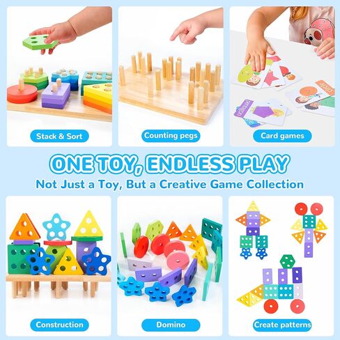Wooden Sorting & Stacking Toys, Montessori Toys for 1 2 3 Years Old Toddlers, Shape Sorter Puzzles with 24-Piece Large Geometric Blocks & 12 Word Cards, Gift for 12+ Months Baby Boys Girls in Saudi Arabia