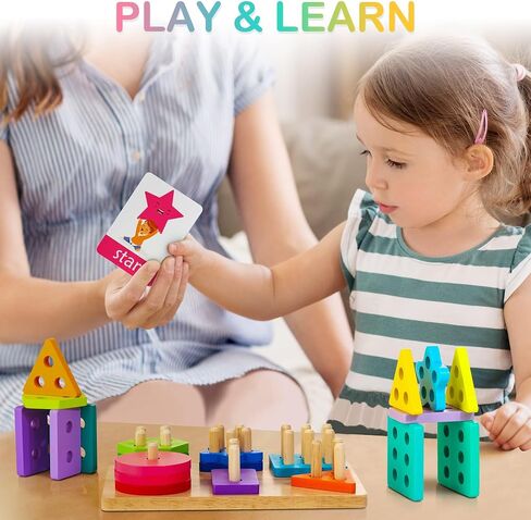Wooden Sorting & Stacking Toys, Montessori Toys for 1 2 3 Years Old Toddlers, Shape Sorter Puzzles with 24-Piece Large Geometric Blocks & 12 Word Cards, Gift for 12+ Months Baby Boys Girls in Saudi Arabia