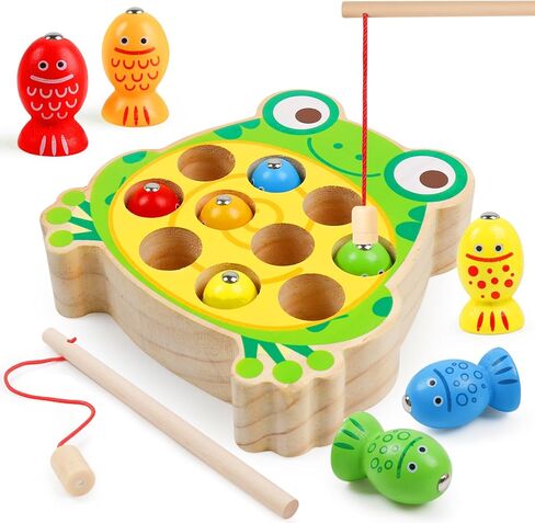 Magnetic Wooden Fishing Game Toys for Kids,Wooden Frog Magnets Fishing Learning Color Sorting Puzzle Montessori Preschool Educational Fine Motor Skills for 3 4 5 Years Old Boys Girls in Kuwait