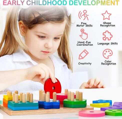 Wooden Sorting & Stacking Toys, Montessori Toys for 1 2 3 Years Old Toddlers, Shape Sorter Puzzles with 24-Piece Large Geometric Blocks & 12 Word Cards, Gift for 12+ Months Baby Boys Girls in Saudi Arabia