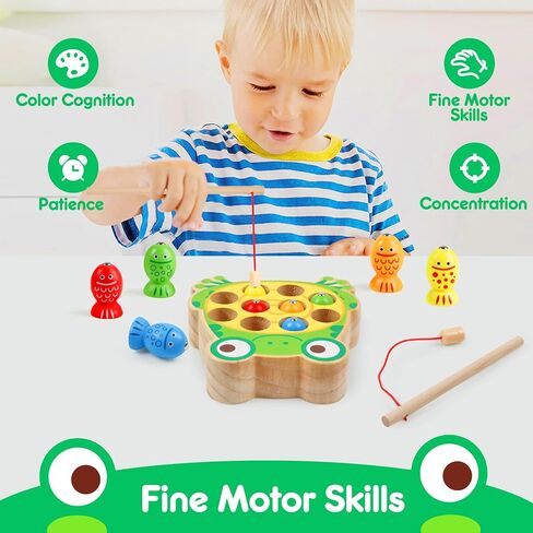 Magnetic Wooden Fishing Game Toys for Kids,Wooden Frog Magnets Fishing Learning Color Sorting Puzzle Montessori Preschool Educational Fine Motor Skills for 3 4 5 Years Old Boys Girls in Kuwait