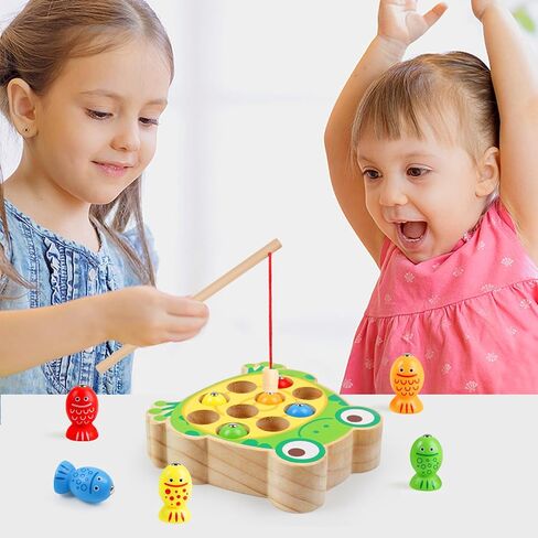 Magnetic Wooden Fishing Game Toys for Kids,Wooden Frog Magnets Fishing Learning Color Sorting Puzzle Montessori Preschool Educational Fine Motor Skills for 3 4 5 Years Old Boys Girls in Kuwait