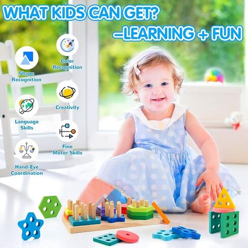 Wooden Sorting & Stacking Toys, Montessori Toys for 1 2 3 Years Old Toddlers, Shape Sorter Puzzles with 24-Piece Large Geometric Blocks & 12 Word Cards, Gift for 12+ Months Baby Boys Girls in Saudi Arabia