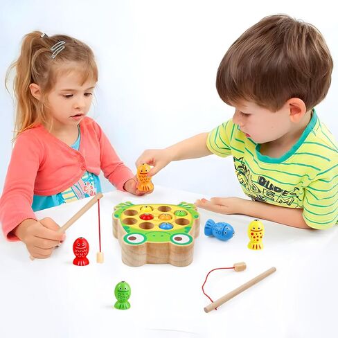 Magnetic Wooden Fishing Game Toys for Kids,Wooden Frog Magnets Fishing Learning Color Sorting Puzzle Montessori Preschool Educational Fine Motor Skills for 3 4 5 Years Old Boys Girls in Kuwait