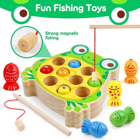 Magnetic Wooden Fishing Game Toys for Kids,Wooden Frog Magnets Fishing Learning Color Sorting Puzzle Montessori Preschool Educational Fine Motor Skills for 3 4 5 Years Old Boys Girls in Kuwait