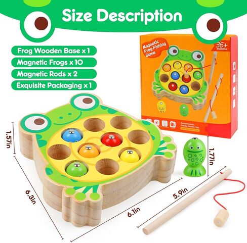 Magnetic Wooden Fishing Game Toys for Kids,Wooden Frog Magnets Fishing Learning Color Sorting Puzzle Montessori Preschool Educational Fine Motor Skills for 3 4 5 Years Old Boys Girls in Kuwait