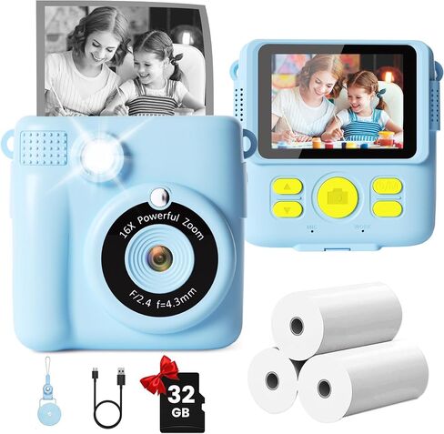 GKTZ Kids Camera Instant Print - 2.4" Eye-Care Digital Video Camera for Toddlers & Kids Ages 3-12, with 3 Rolls Paper & 32GB SD Card, 1080P, 18 Frames, Birthday Christmas Valentines Gifts for Girls in Kuwait
