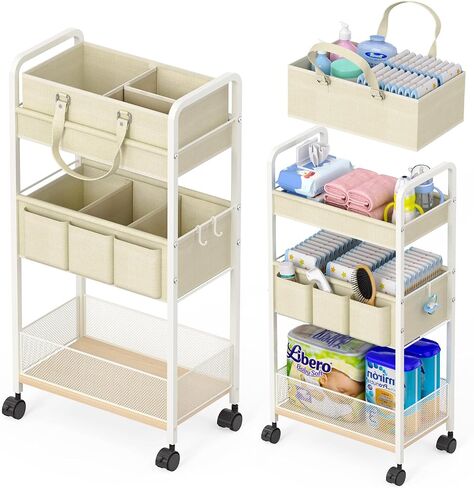 2In1 Baby Diaper Caddy & 3-Tier Rolling Cart, Diaper Caddy Organizer Carts with Dividers, Mobile Metal Utility Cart for Nursery Essentials, Detachable Bedside Cart, Large Capacity, White in Kuwait