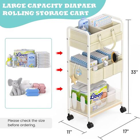 2In1 Baby Diaper Caddy & 3-Tier Rolling Cart, Diaper Caddy Organizer Carts with Dividers, Mobile Metal Utility Cart for Nursery Essentials, Detachable Bedside Cart, Large Capacity, White in Kuwait