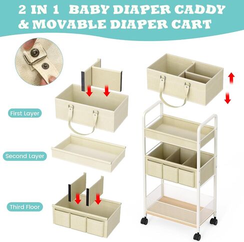 2In1 Baby Diaper Caddy & 3-Tier Rolling Cart, Diaper Caddy Organizer Carts with Dividers, Mobile Metal Utility Cart for Nursery Essentials, Detachable Bedside Cart, Large Capacity, White in Kuwait