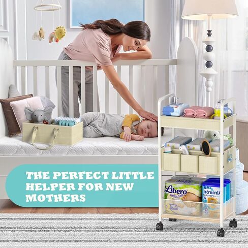 2In1 Baby Diaper Caddy & 3-Tier Rolling Cart, Diaper Caddy Organizer Carts with Dividers, Mobile Metal Utility Cart for Nursery Essentials, Detachable Bedside Cart, Large Capacity, White in Kuwait