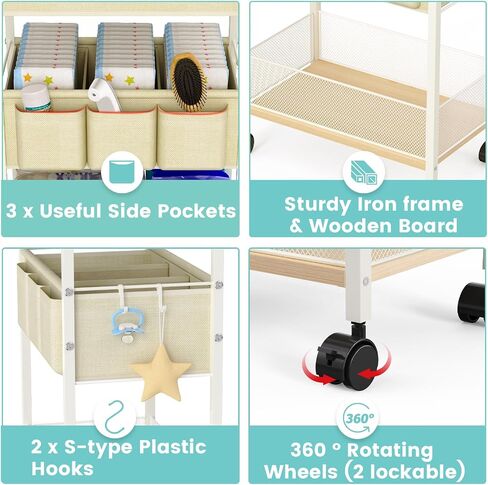 2In1 Baby Diaper Caddy & 3-Tier Rolling Cart, Diaper Caddy Organizer Carts with Dividers, Mobile Metal Utility Cart for Nursery Essentials, Detachable Bedside Cart, Large Capacity, White in Kuwait