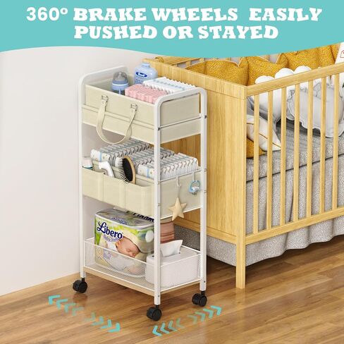 2In1 Baby Diaper Caddy & 3-Tier Rolling Cart, Diaper Caddy Organizer Carts with Dividers, Mobile Metal Utility Cart for Nursery Essentials, Detachable Bedside Cart, Large Capacity, White in Kuwait