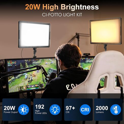 LED Photo Video Light 2-Pack, Ci-Fotto Bi-Color Dimmable LED Continuous Lights, Photography Lighting Kit 2800-6500K CRI 97+ for Studios, YouTube TikTok Video Recording, Game Streaming in Kuwait