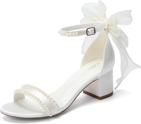 GZEGDLE White Pearl Embellished Bridal Wedding Sandals with Bow, Ankle Strap Block Heel,2.2 Inches in Kuwait