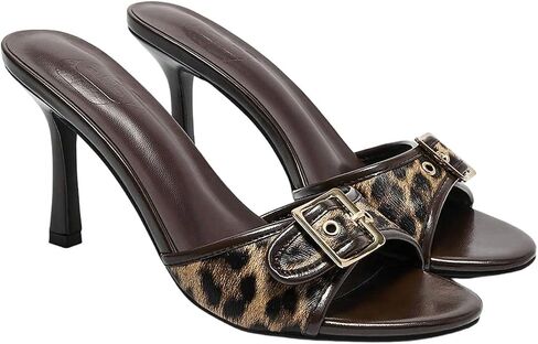 BEAUDRM Women's Leopard High Heel Sandals Cheetah Buckle Open Toe Backless Mule Sandals Wedding Guest Party Shoes in Kuwait