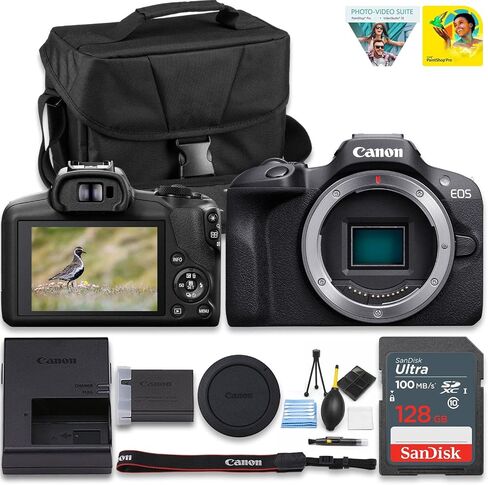 Canon EOS R100 Mirrorless Camera, RF Mount, 24.1 MP, DIGIC 8 Image Processor, Eye Detection AF, 4K, Lightweight, Content Creation with 128GB Card, Bag, PC Software, Starter Kit in Kuwait