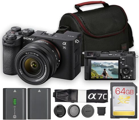 Sony a7C II Mirrorless Camera with 28-60mm Lens Bundle (Black) | 33MP Full-Frame Sensor, 5-Axis IBIS, AI Autofocus & 4K Video | Ideal for Travel & Vlogging (ILCE-7CM2L/B) + 64GB Card + Bag + Battery in Kuwait