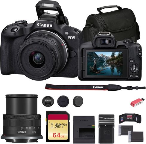 Canon EOS R50 with 18-45mm Lens & Card Reader (5812C012) (White) Bundle | For Photography & Video | Mirrorless Camera + 64GB Memory Card + Cleaning Kit + Memory Wallet + Charger + Battery in Kuwait