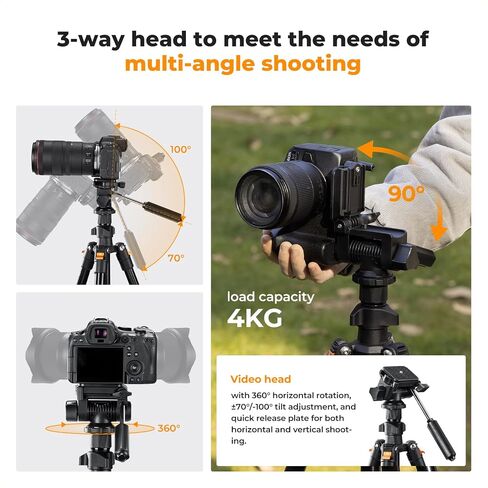K&F CONCEPT 76" Aluminum Camera Tripod for Travel | Video Tripod, Lightweight Travel Tripod, Tripod with 3-Way Head, Aluminium Camera Tripod for DSLR O234A3+BV01 in Kuwait