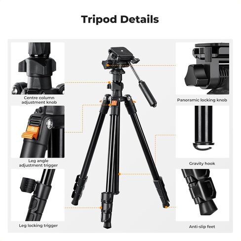 K&F CONCEPT 76" Aluminum Camera Tripod for Travel | Video Tripod, Lightweight Travel Tripod, Tripod with 3-Way Head, Aluminium Camera Tripod for DSLR O234A3+BV01 in Kuwait