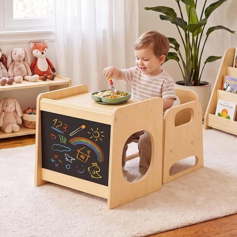 GVOO Montessori Weaning Table and Chair Set, 3 Adjustable Height Toddler Table and Chair Set, for Eating, Reading, Baby Proofing Design in Kuwait