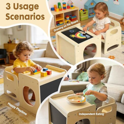 GVOO Montessori Weaning Table and Chair Set, 3 Adjustable Height Toddler Table and Chair Set, for Eating, Reading, Baby Proofing Design in Kuwait