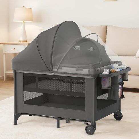 Baby Bassinet, Playard, Napper Bassinet, Changing Table, Black | Mosquito Net & Canopy, Storage and Toys, Full Mesh for Visibility, Sturdy Frame, Lockable Wheels, Mattress, Easy Fold in Kuwait