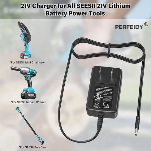 Power Cord for SEESII Mini Chainsaw/Impact Wrench/Pole Saw UL Listed 21V | Perfeidy 21V Chainsaw Lithium Battery Charger Adapter Power Supply Black for SEESII Mini Chainsaw/Impact Wrench/Pole Saw in Kuwait