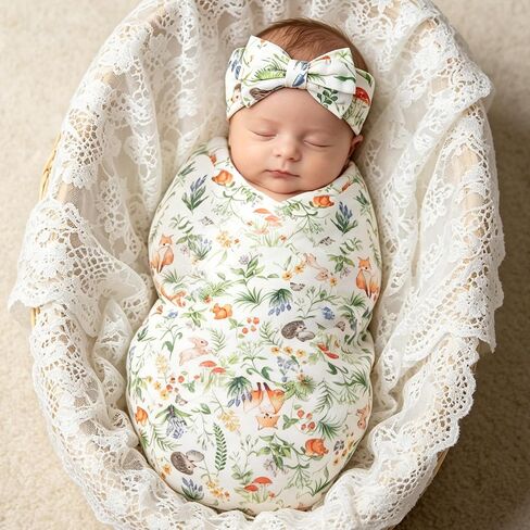 Swaddle Blanket & Bow Headband Set,2PC Newborn Accessories Set,Flower Print Baby Swaddle Blankets (Multicolour Floral) in Kuwait