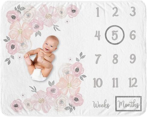 Sweet Jojo Designs Blush Pink Boho Shabby Chic Floral Girl Baby Milestone Blanket Newborn Monthly First Year Photo Growth Chart Infant Memory Gift Set Off White Bohemian Vintage Garden Flower Elegant in Kuwait