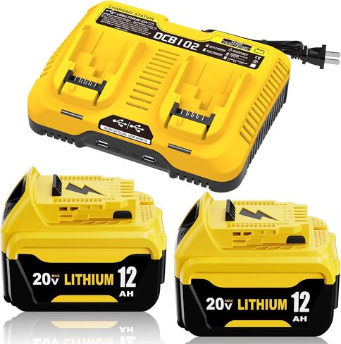 2Packs 12.0A Battery Replacement for Dewalt 20V Battery and DCB102 Charger | Compatible with Dewalt 20V Battery Lithium DCB207 DCB206 DCB203 DCB204 DCB200 DCB201 Series Power Tool in Saudi Arabia