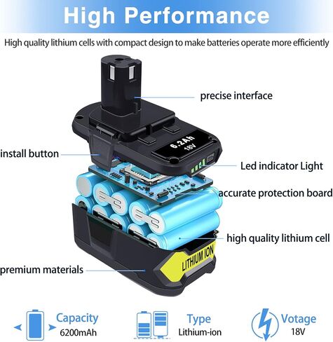 DTK Upgraded 2Packs P108 18V Battery Replacement for Ryobi 18V ONE+ Battery Fit P102 P103 P104 P105 P107 P109 P122 PBP002 PBP003 PBP004 PBP005 RB18L50 Cordless Tool 6.2Ah Batteries with Indicator in Kuwait