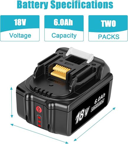 JYJZPB 2 Pack 18V Batteries Compatible for Makita 18 Volt Battery BL1860B BL1820B BL1830B BL1840B BL1850B LXT-400 Fit for Makita 18V Cordless Power Tools, with 6000 mAh High Capacity | 6.0Ah Capacity, Replace for Makita BL1860B BL1820B BL1830B BL1840B BL1 in Saudi Arabia