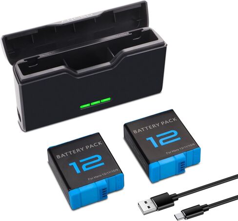 2-Pack Battery with fast chager for gopro Hero 12 11 10 9, Long Endurance | Large Capacity Batteries Support Fast Charge for Hero 12/11/10/9 Camera Accessories in Kuwait