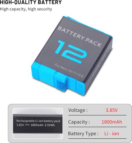 2-Pack Battery with fast chager for gopro Hero 12 11 10 9, Long Endurance | Large Capacity Batteries Support Fast Charge for Hero 12/11/10/9 Camera Accessories in Kuwait