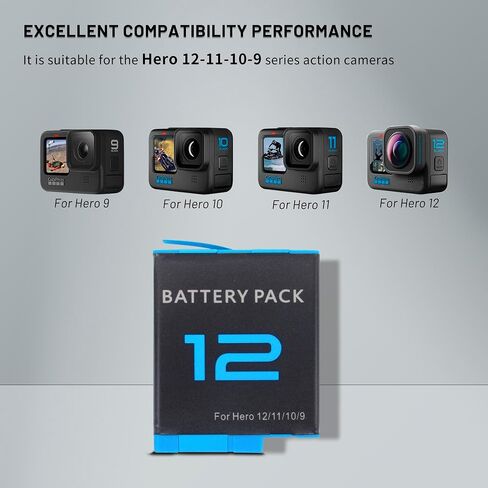 2-Pack Battery with fast chager for gopro Hero 12 11 10 9, Long Endurance | Large Capacity Batteries Support Fast Charge for Hero 12/11/10/9 Camera Accessories in Kuwait