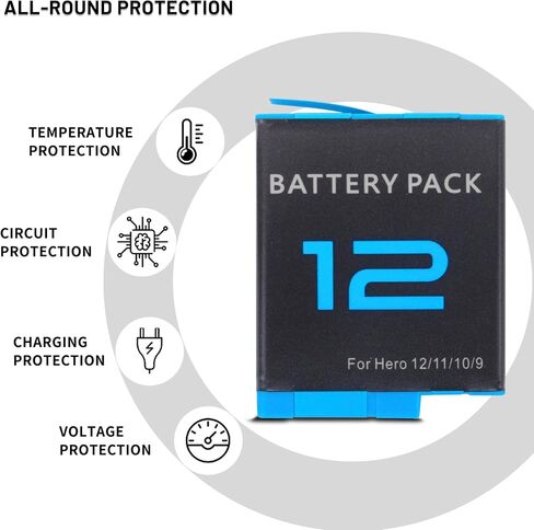 2-Pack Battery with fast chager for gopro Hero 12 11 10 9, Long Endurance | Large Capacity Batteries Support Fast Charge for Hero 12/11/10/9 Camera Accessories in Kuwait