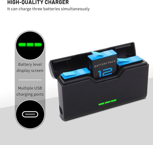 2-Pack Battery with fast chager for gopro Hero 12 11 10 9, Long Endurance | Large Capacity Batteries Support Fast Charge for Hero 12/11/10/9 Camera Accessories in Kuwait