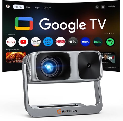 HAPPRUN Outdoor Projector with Official Google TV, 4K Decoding, Dolby Audio | 2000 Bright, 10K+ Apps, AI Auto Focus, 270° Stand,Smart Projector with WiFi and Bluetooth, Movie Projector for Indoor/Outdoor in Kuwait
