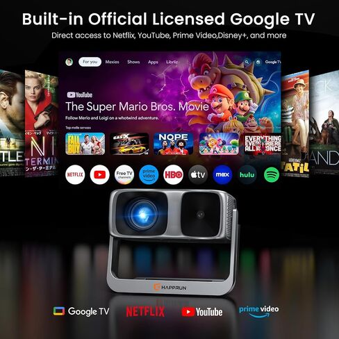 HAPPRUN Outdoor Projector with Official Google TV, 4K Decoding, Dolby Audio | 2000 Bright, 10K+ Apps, AI Auto Focus, 270° Stand,Smart Projector with WiFi and Bluetooth, Movie Projector for Indoor/Outdoor in Kuwait