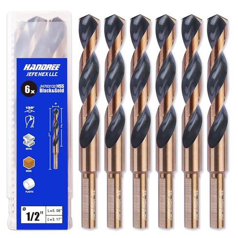 1/2" Dia. 5" OAL HSS Twist Drill Bit, General Purpose, 3-Flat Shank, Black and Gold Finish, 135 Degree Split Point, Ideal for Steel/Wood/Copper/Aluminum/Zinc Alloy/Plastic. (6-Piece) in Saudi Arabia