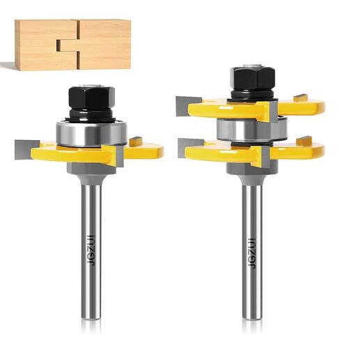 Tongue Groove Router Bits 1/4" Shank 2Pcs, Adjustable 3 Teeth 1-7/8" | 2 piece tongue groove set, 1/4 inch shank, adjustable 3 teeth, 1/2 to 1-1/8 inch stock, cabinet flooring, gap free joints in Kuwait