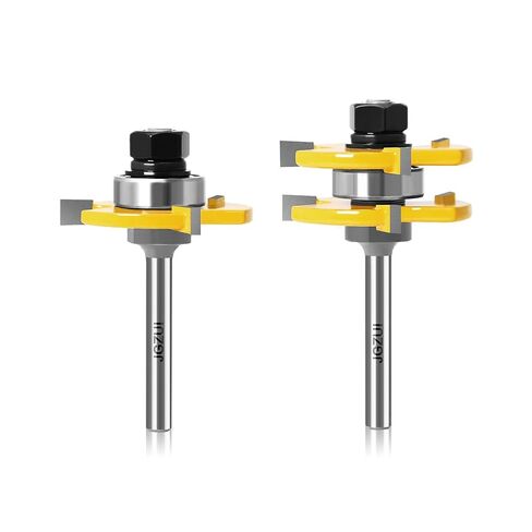 Tongue Groove Router Bits 1/4" Shank 2Pcs, Adjustable 3 Teeth 1-7/8" | 2 piece tongue groove set, 1/4 inch shank, adjustable 3 teeth, 1/2 to 1-1/8 inch stock, cabinet flooring, gap free joints in Kuwait